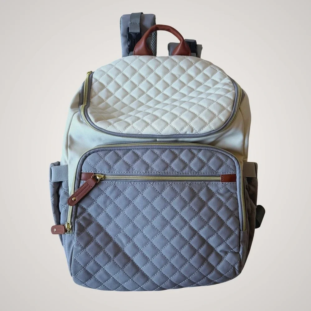 Lovevook Diaper Bag‎ Backpack Grey Cream Quilted Multi-Pocket Travel Bag